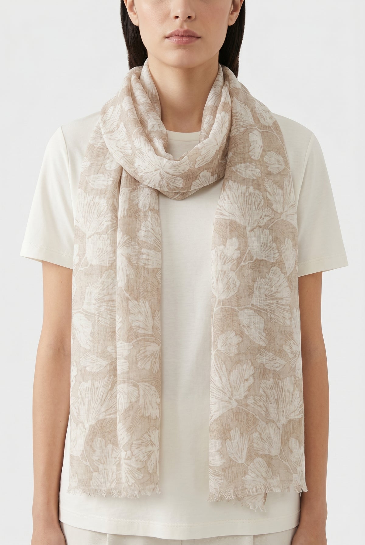 BRUNELLO CUCINELLI WOMEN'S BEIGE LINEN FLORAL SCARF