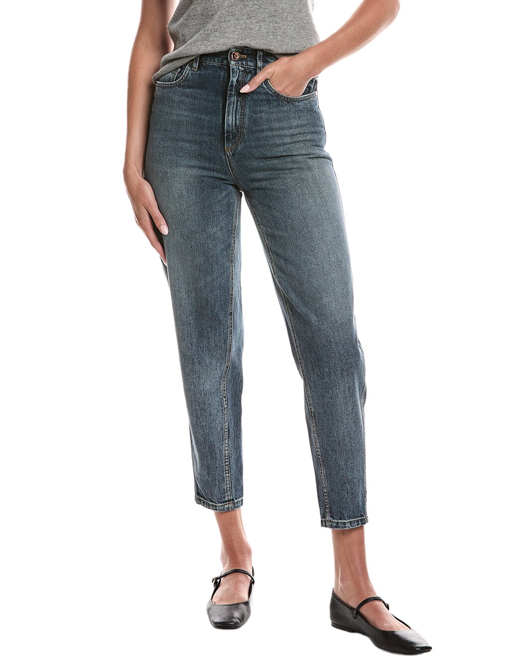 BRUNELLO CUCINELLI WOMEN'S MEDIUM BLUE DENIM TAPERED TROUSERS