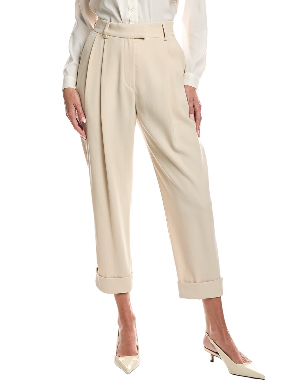 BRUNELLO CUCINELLI WOMEN'S CREAM WOOL BLEND PLEATED TROUSERS