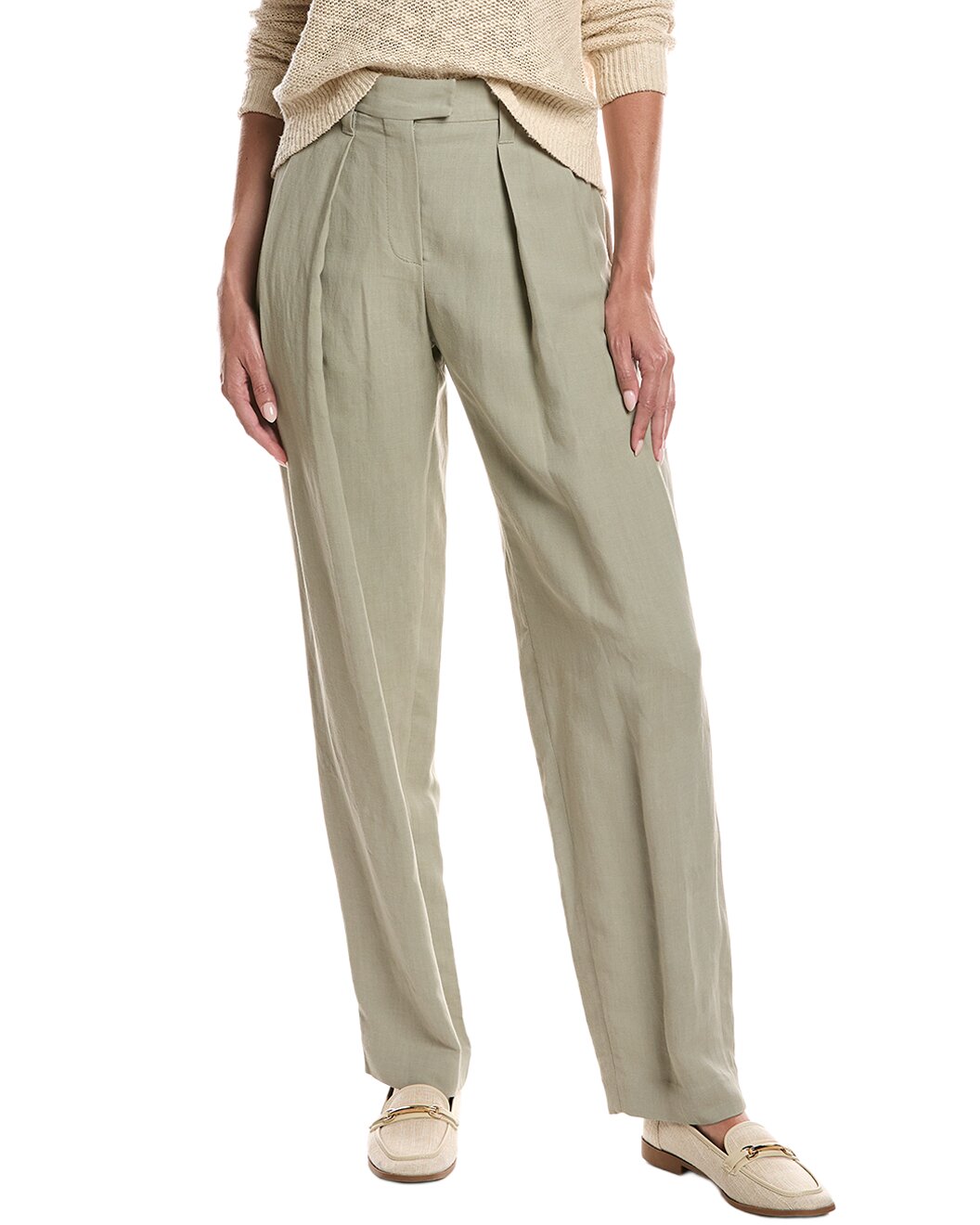 BRUNELLO CUCINELLI WOMEN'S LIGHT GREEN LINEN TROUSERS