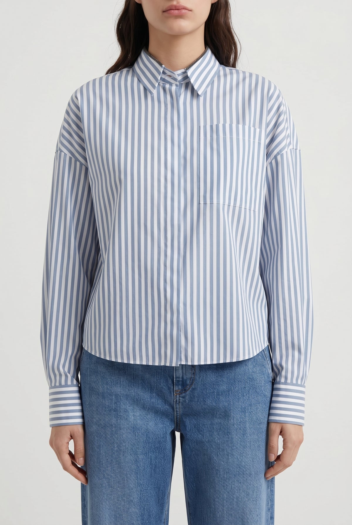 BRUNELLO CUCINELLI WOMEN'S BLUE STRIPED COTTON SILK SHIRT