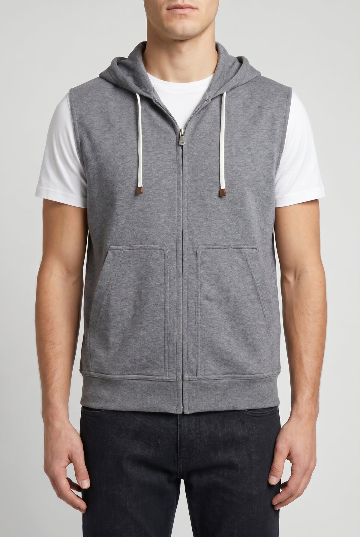 BRUNELLO CUCINELLI MEN'S GREY SLEEVELESS ZIP HOODIE
