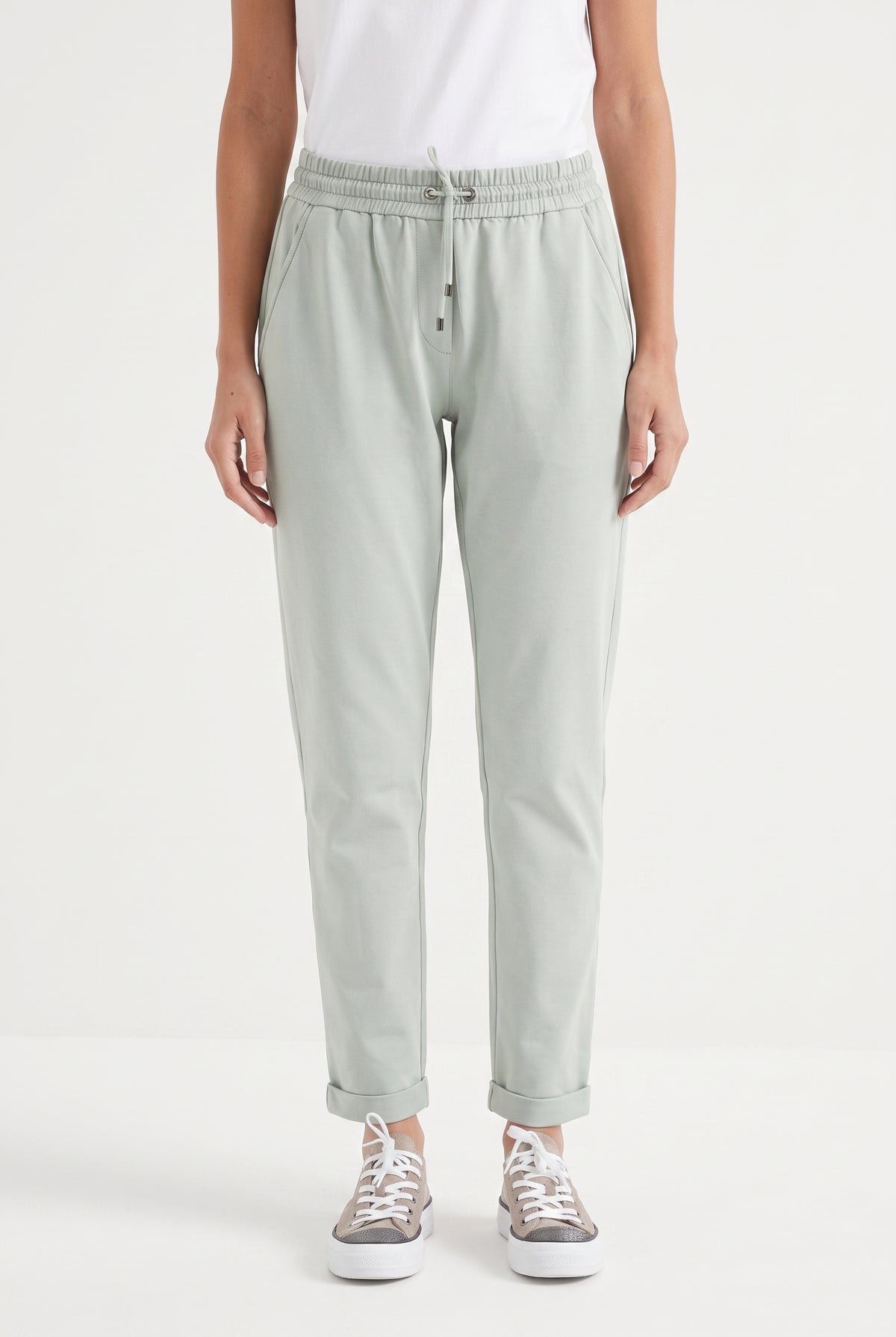 BRUNELLO CUCINELLI WOMEN'S LIGHT GREEN COTTON TROUSERS