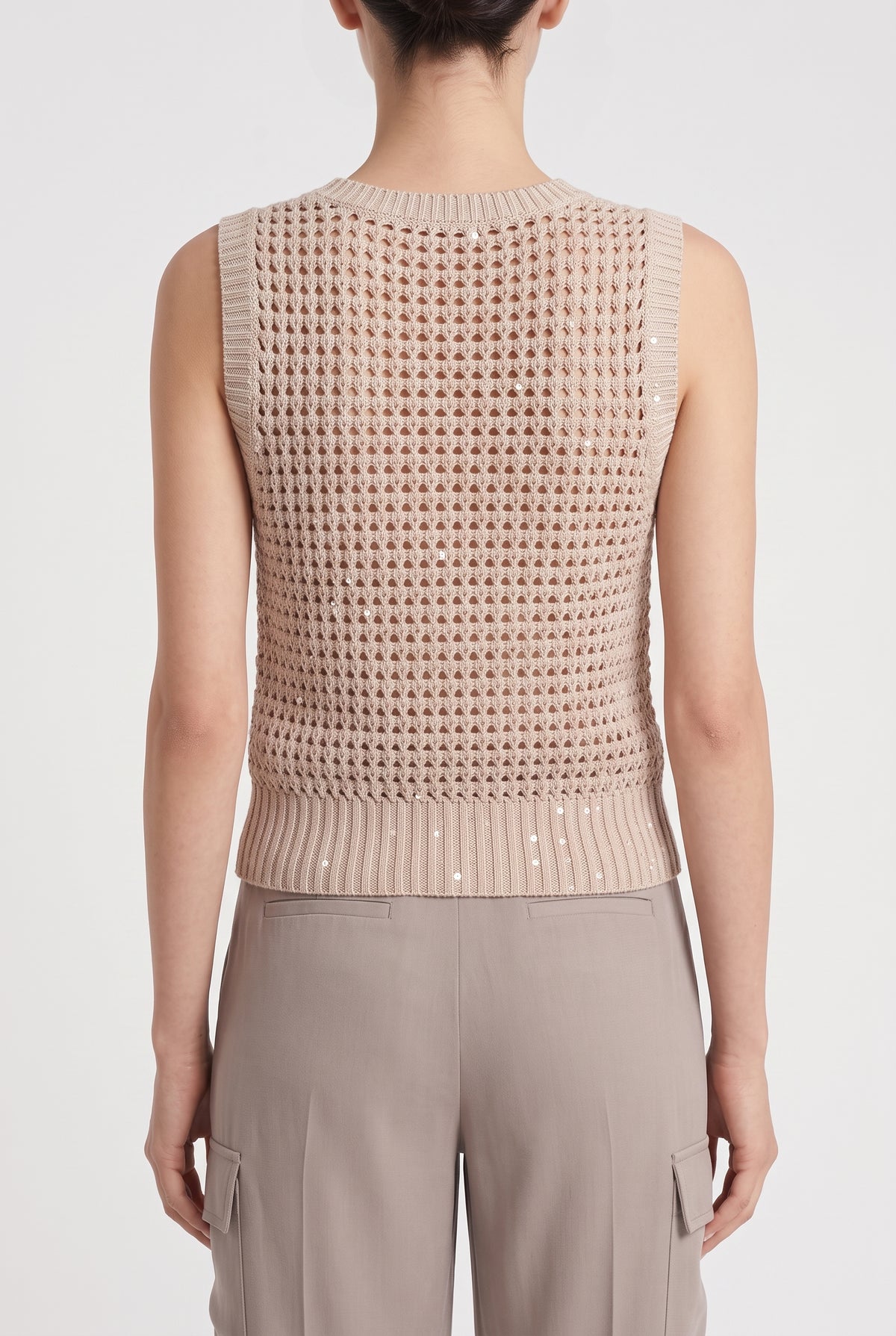 BRUNELLO CUCINELLI WOMEN'S BEIGE OPENWORK KNIT SWEATER