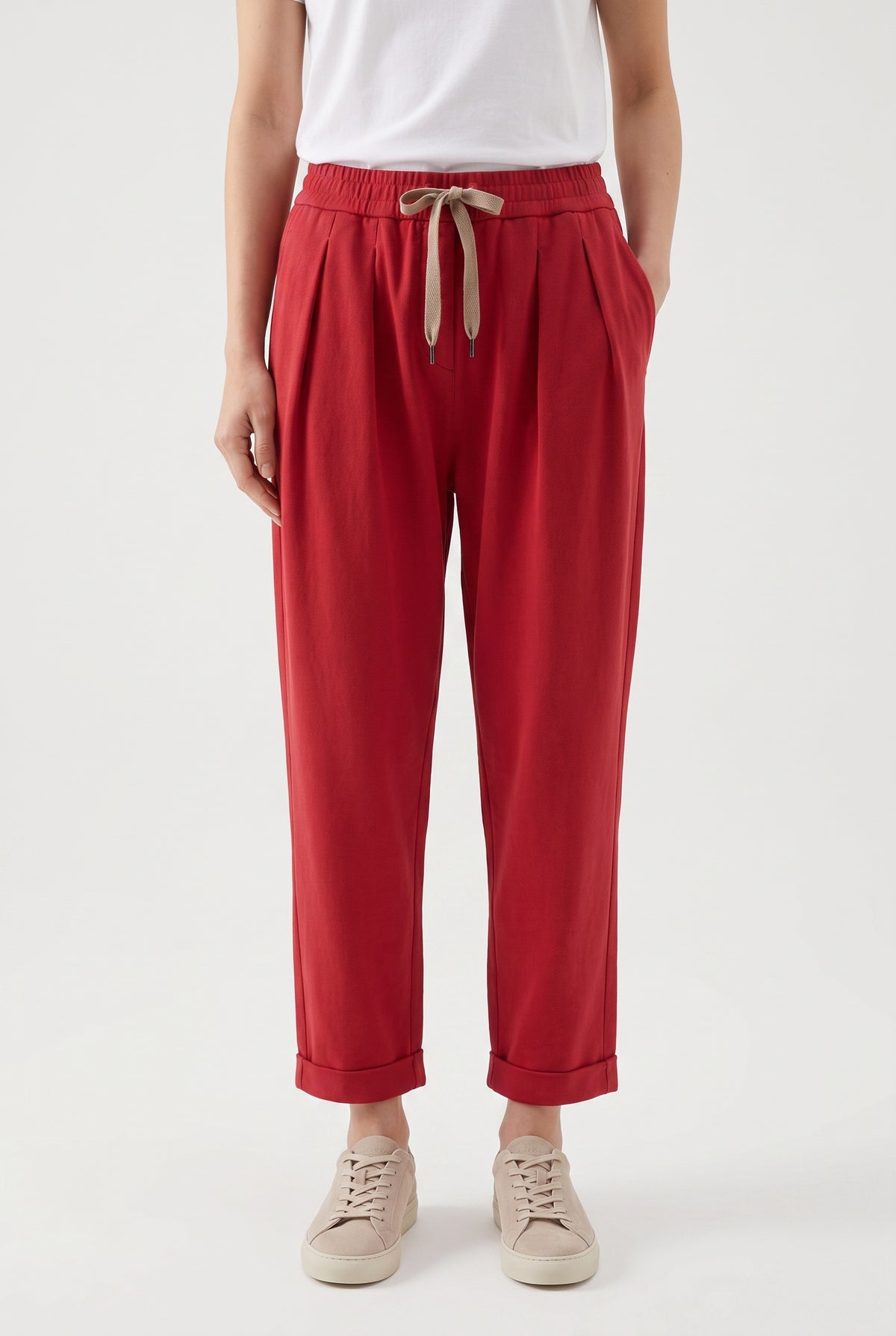 BRUNELLO CUCINELLI WOMEN'S RED RELAXED COTTON TROUSERS