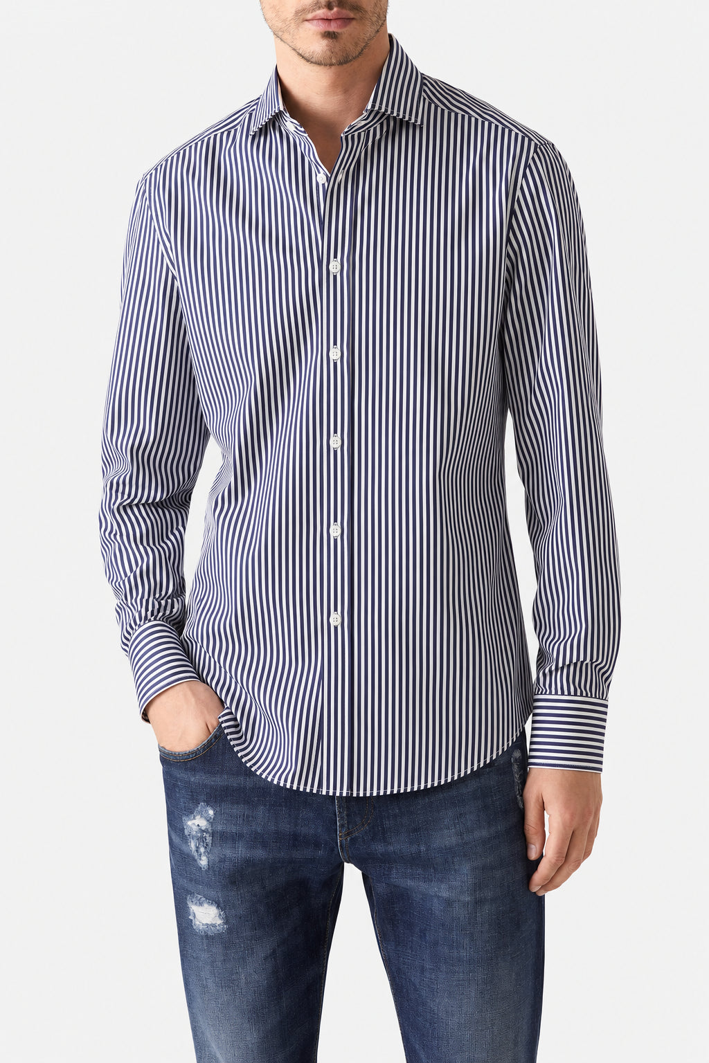 BRUNELLO CUCINELLI MEN'S BLUE STRIPED COTTON SHIRT