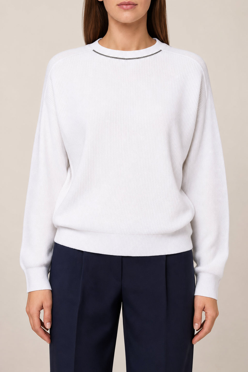 BRUNELLO CUCINELLI WOMEN'S BIANCO COTTON CREW NECK SWEATER