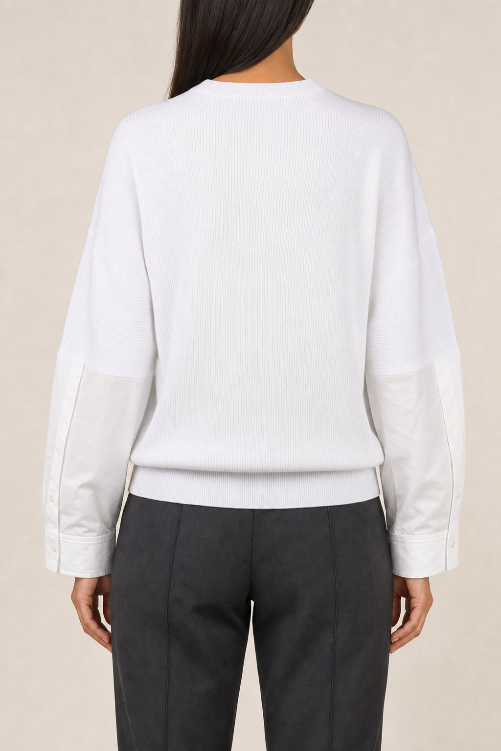 BRUNELLO CUCINELLI WOMEN'S WHITE COTTON MIXED SLEEVE SWEATER