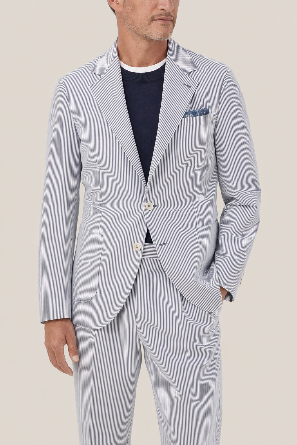 BRUNELLO CUCINELLI MEN'S BLUE WHITE STRIPED BLAZER