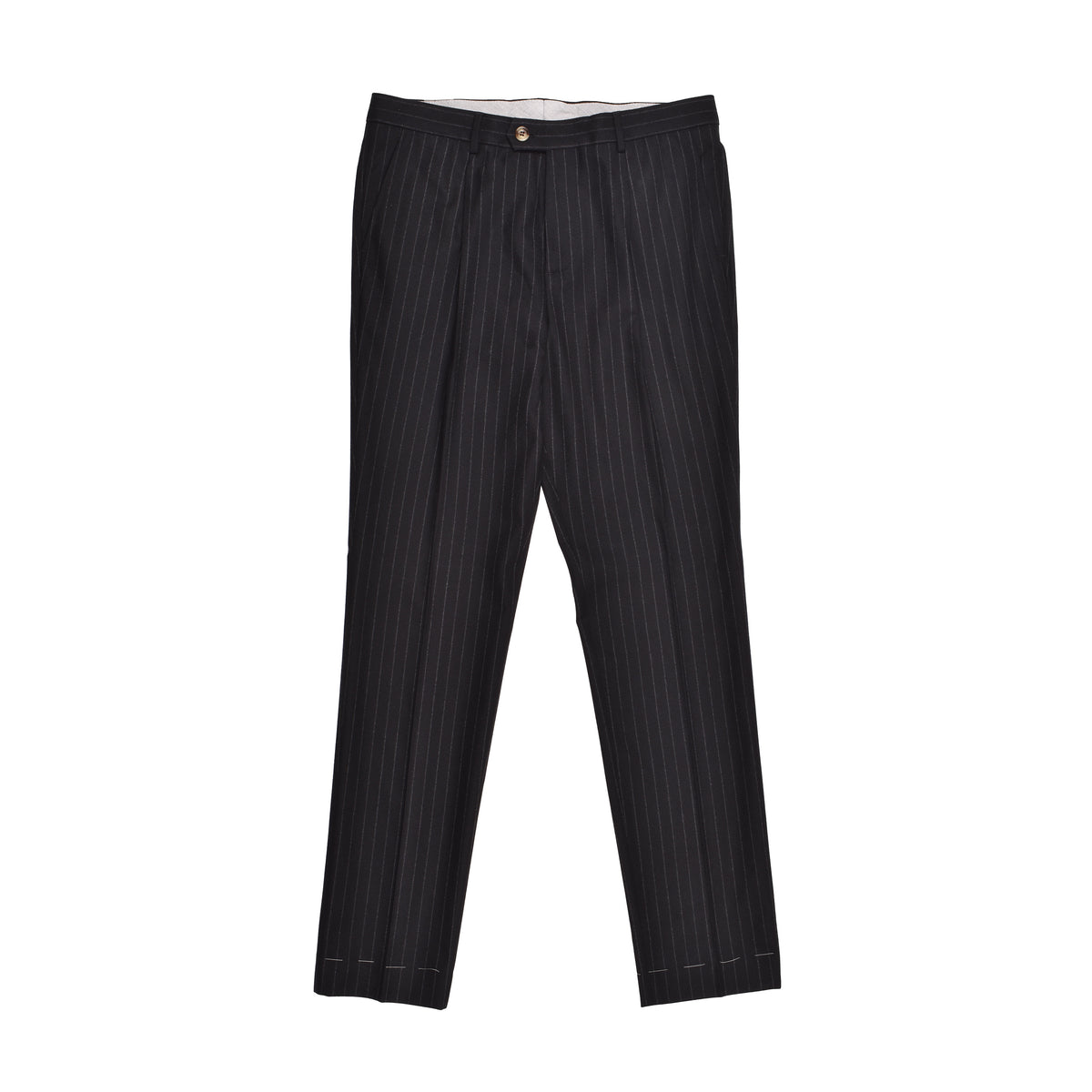 BRUNELLO CUCINELLI MEN'S BLACK VIRGIN WOOL PINSTRIPE TROUSERS
