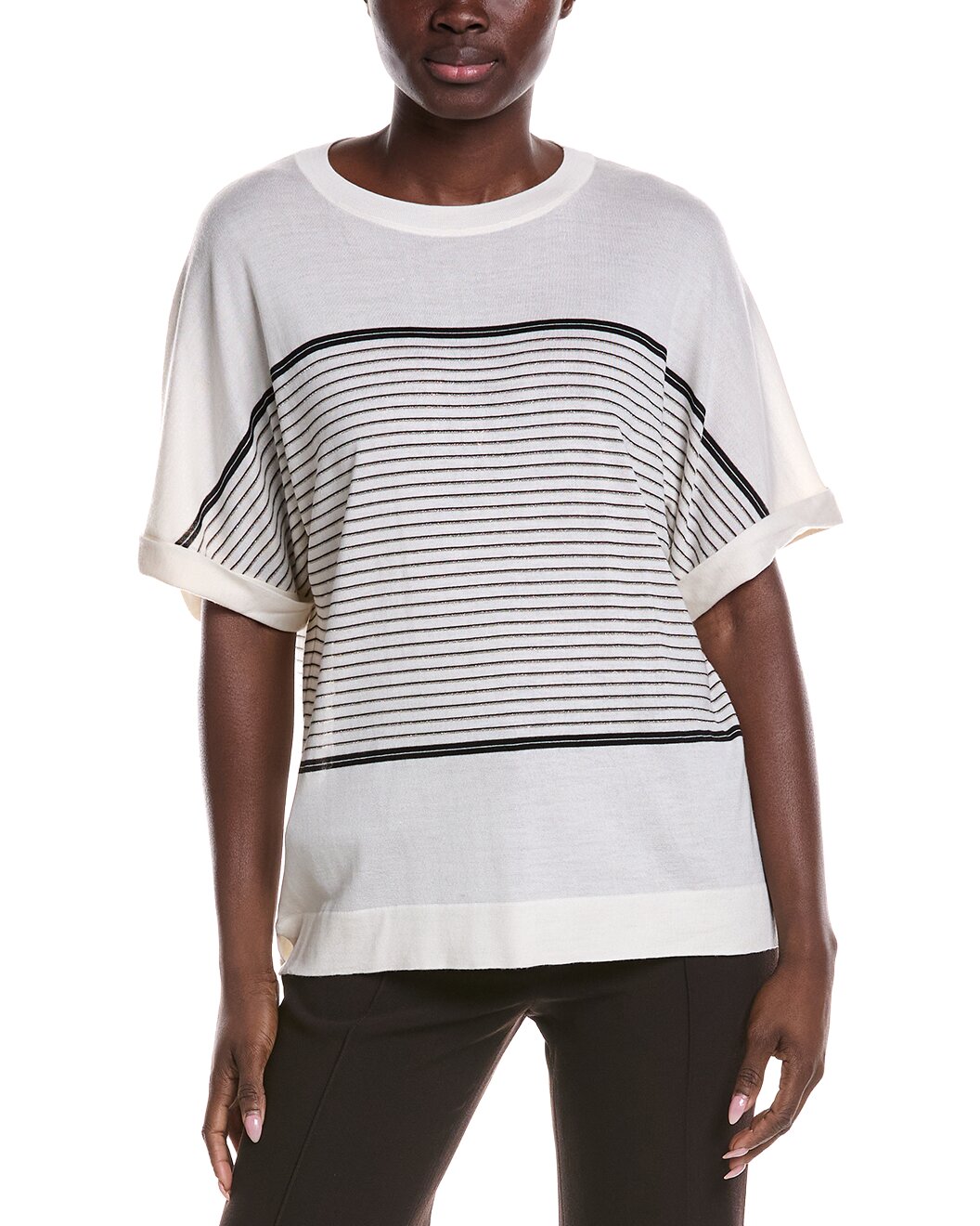 BRUNELLO CUCINELLI WOMEN'S WHITE BLACK STRIPED WOOL SILK SHORT SLEEVE SHIRT