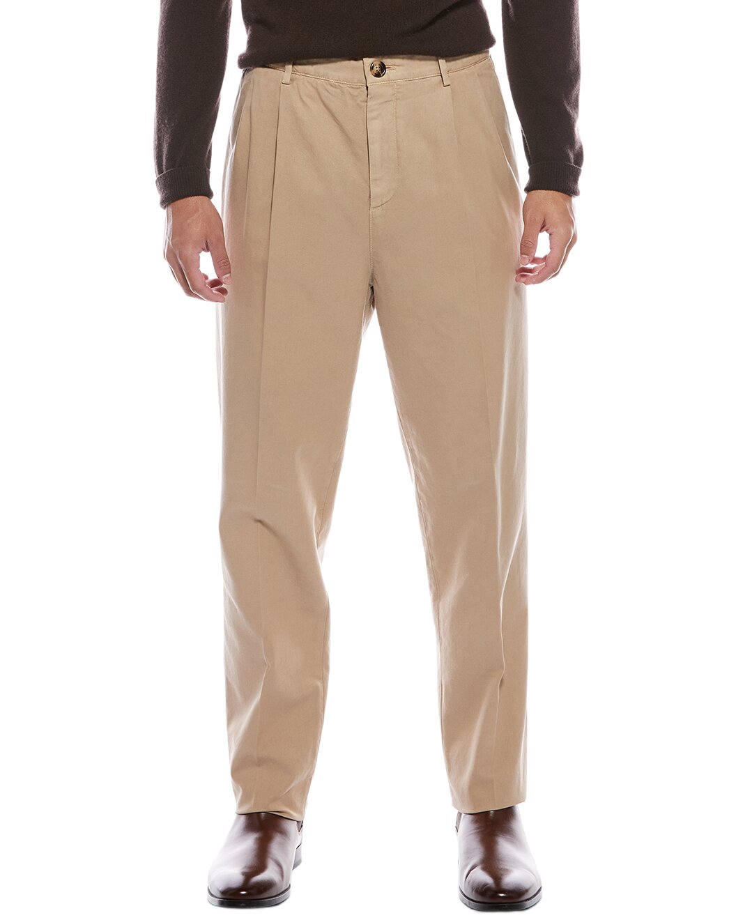 BRUNELLO CUCINELLI MEN'S CAMEL COTTON PLEATED TROUSERS