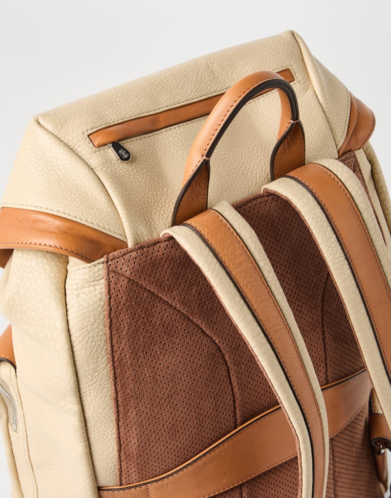 BRUNELLO CUCINELLI MEN'S IVORY AND NATURAL LEATHER BACKPACK