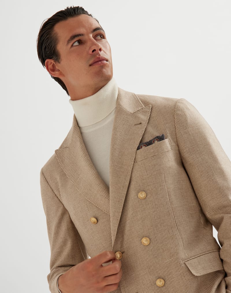 BRUNELLO CUCINELLI MEN'S SAND WOOL SILK DOUBLE BREASTED BLAZER