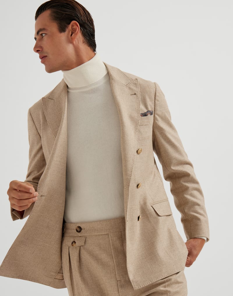 BRUNELLO CUCINELLI MEN'S SAND WOOL SILK DOUBLE BREASTED BLAZER