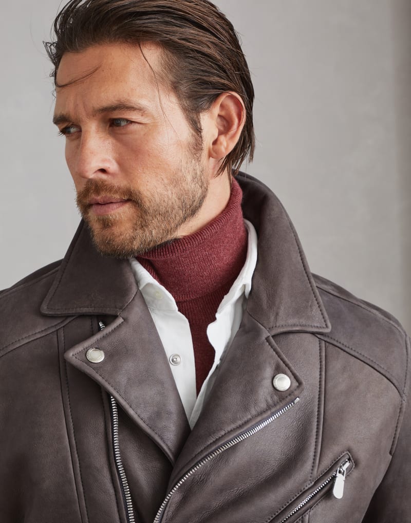 BRUNELLO CUCINELLI MEN'S ANTHRACITE BLACK CAMEL HAIR BIKER JACKET
