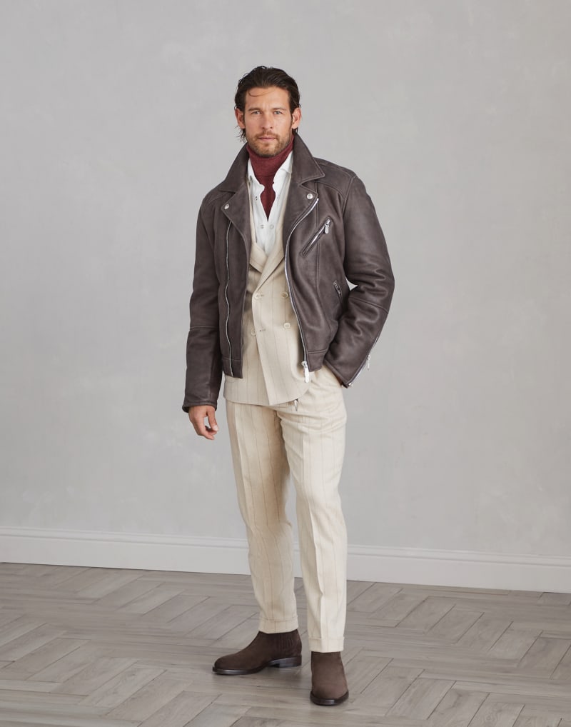 BRUNELLO CUCINELLI MEN'S ANTHRACITE BLACK CAMEL HAIR BIKER JACKET