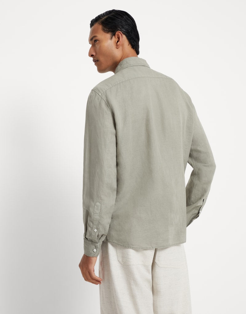 BRUNELLO CUCINELLI MEN'S SAGE LINEN COTTON SHIRT