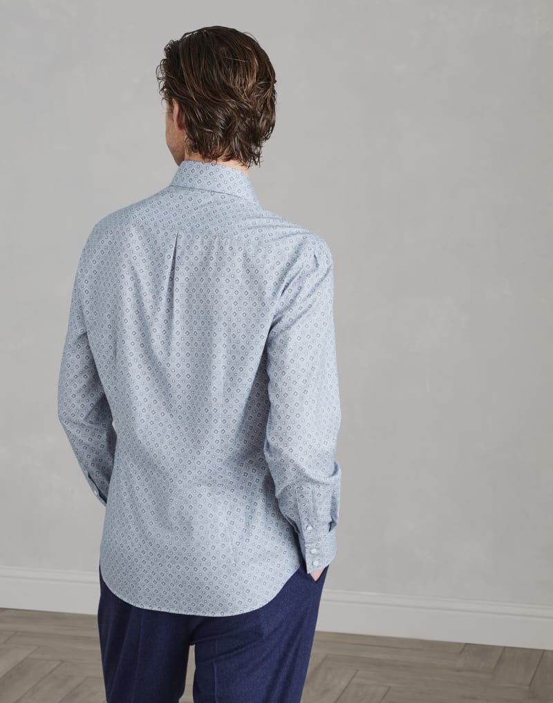 BRUNELLO CUCINELLI MEN'S LIGHT BLUE PATTERNED COTTON SHIRT