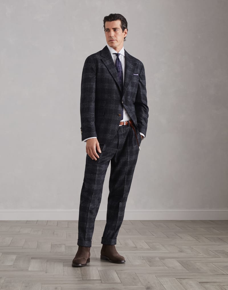 BRUNELLO CUCINELLI MEN'S ANTHRACITE CHECKED WOOL SILK BLEND SUIT
