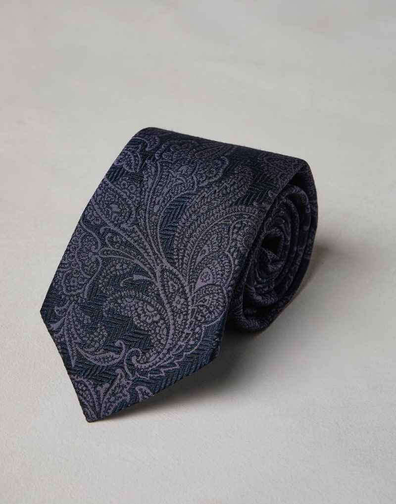 BRUNELLO CUCINELLI MEN'S NAVY IRIS WOOL SILK PAISLEY TIE
