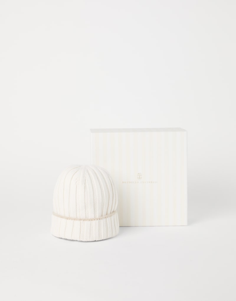 BRUNELLO CUCINELLI MEN'S WHITE RIBBED WOOL KNIT HAT