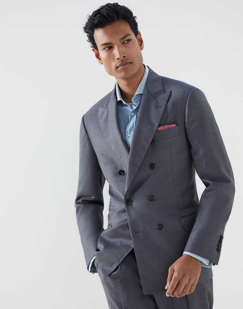 BRUNELLO CUCINELLI MEN'S MEDIUM GREY WOOL DOUBLE BREASTED BLAZER