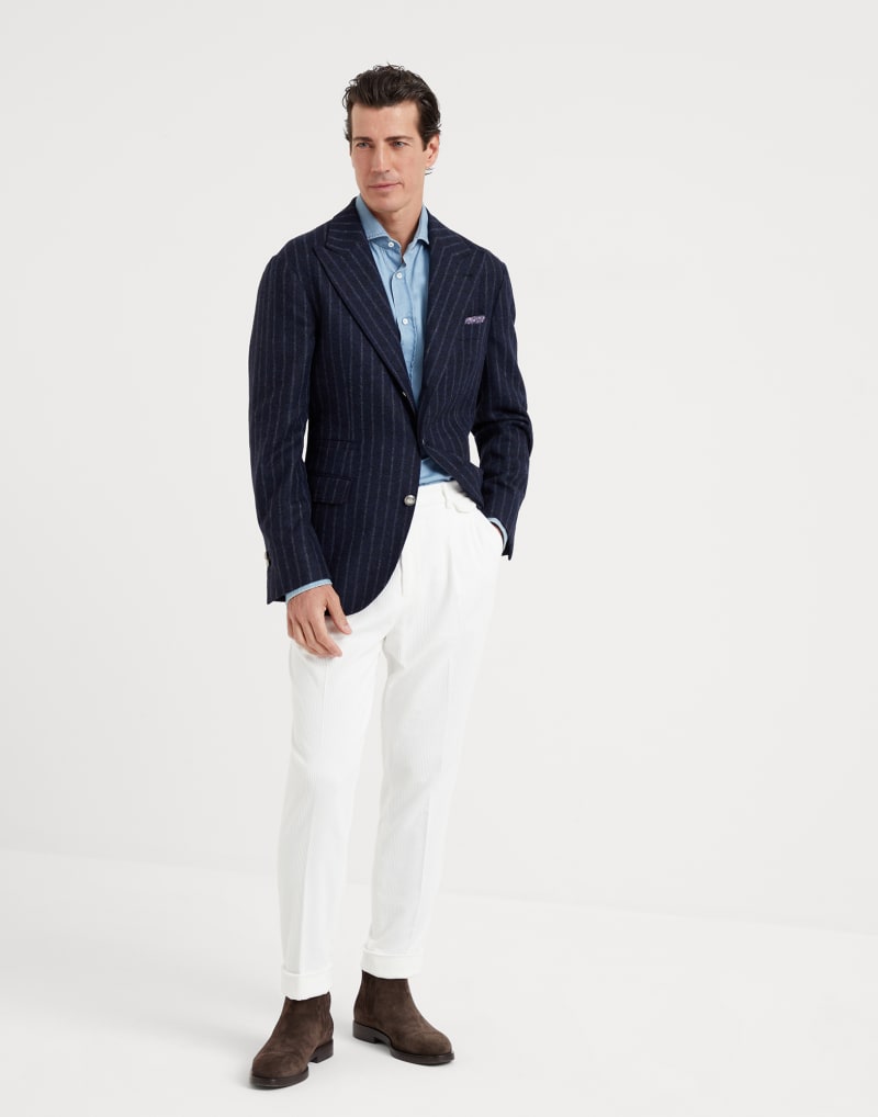BRUNELLO CUCINELLI MEN'S WHITE PLEATED COTTON TROUSERS