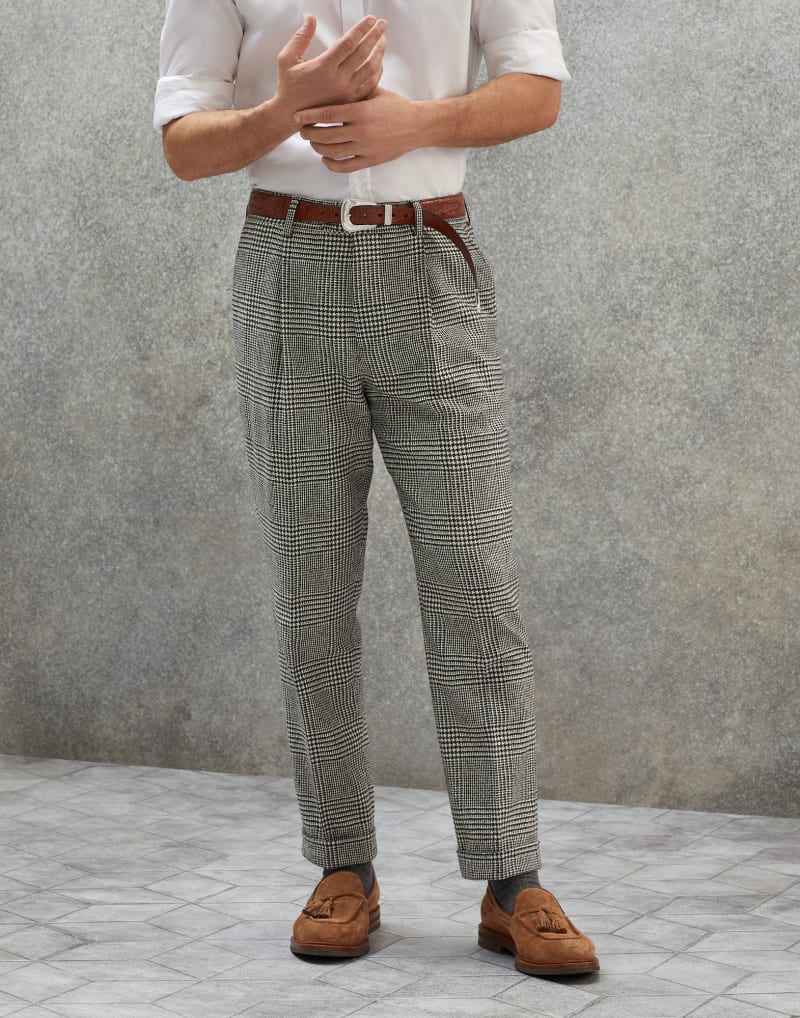 BRUNELLO CUCINELLI MEN'S GREY WOOL CHECKED TROUSERS