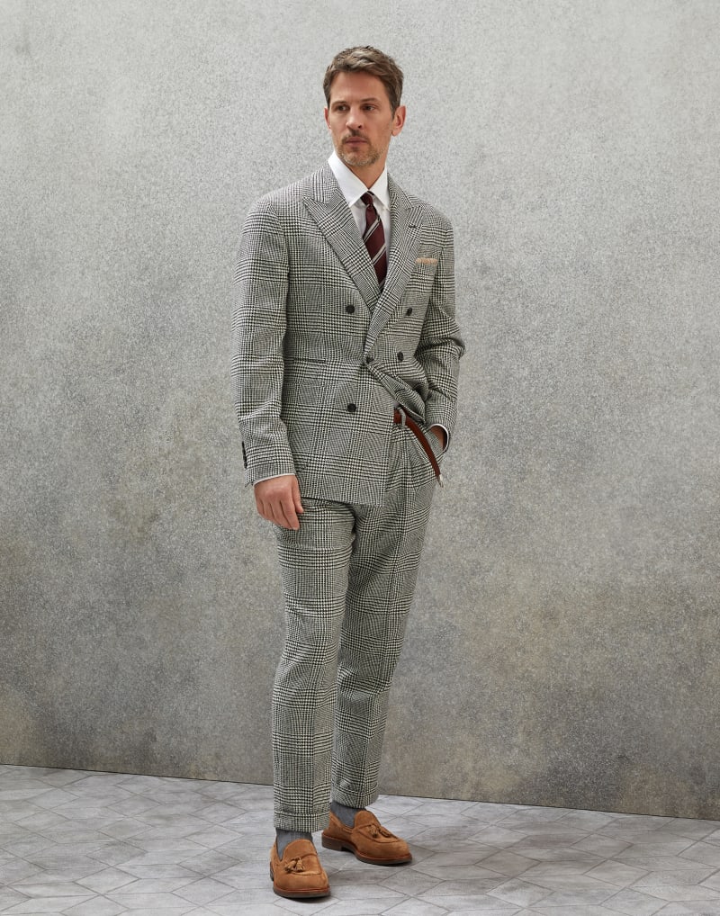 BRUNELLO CUCINELLI MEN'S GREY WOOL CHECKED TROUSERS