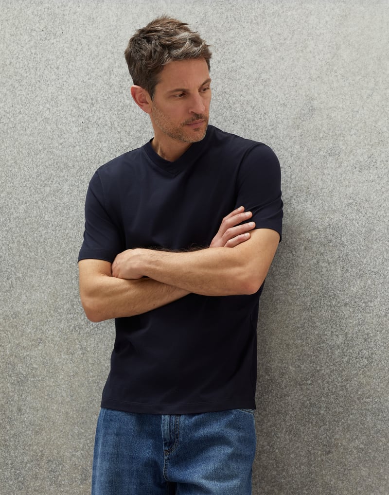 BRUNELLO CUCINELLI MEN'S NAVY SHORT SLEEVE COTTON SHIRT