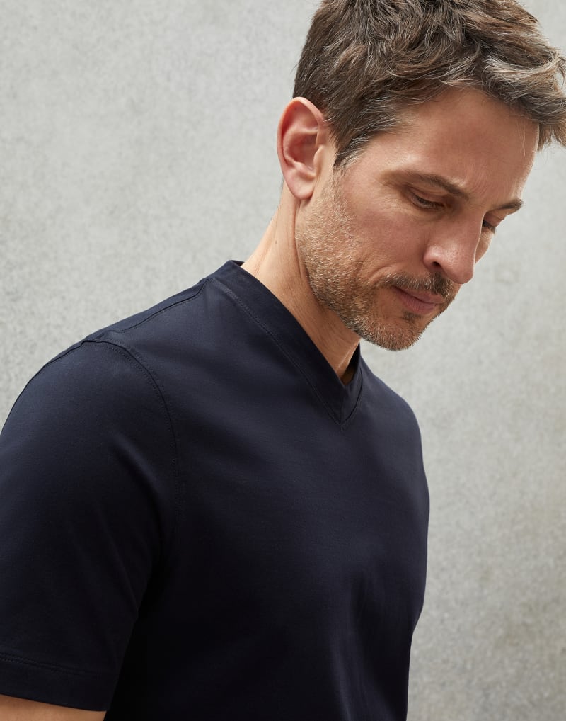 BRUNELLO CUCINELLI MEN'S NAVY SHORT SLEEVE COTTON SHIRT