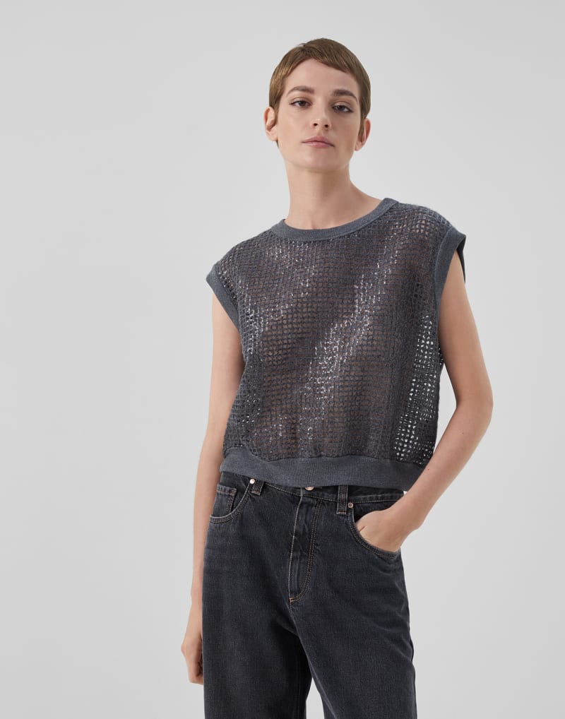 BRUNELLO CUCINELLI WOMEN'S DARK GREY OPENWORK KNIT SWEATER