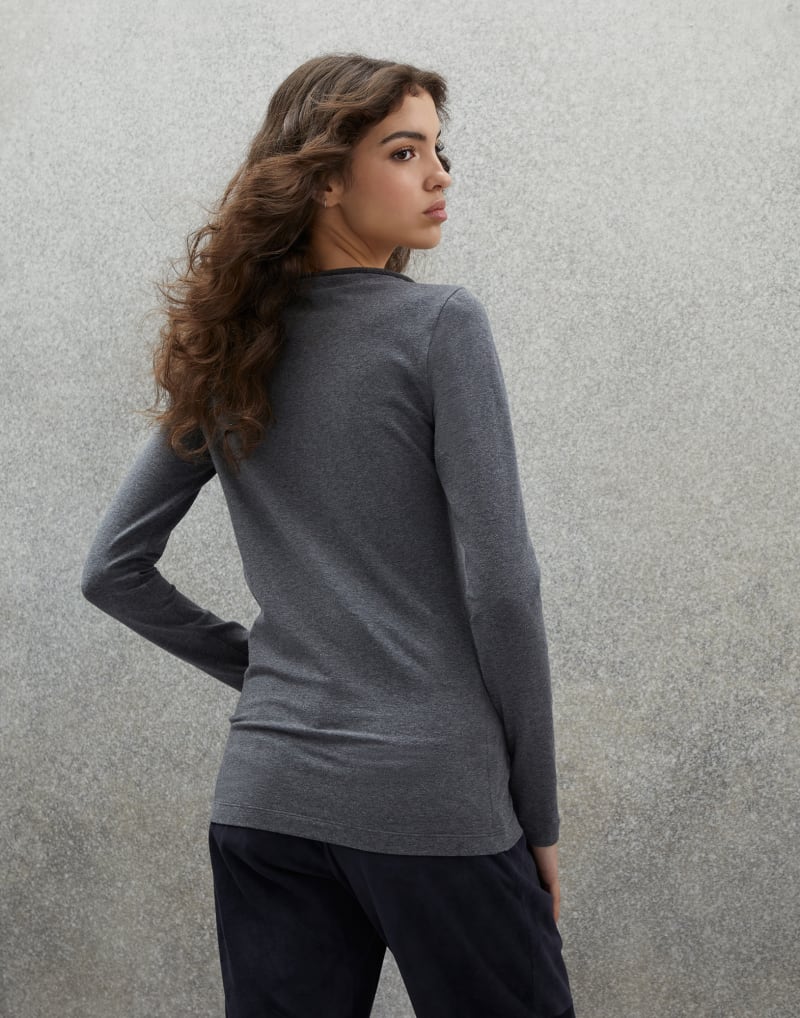 BRUNELLO CUCINELLI WOMEN'S DARK GREY COTTON STRETCH SCOOP NECK SHIRT