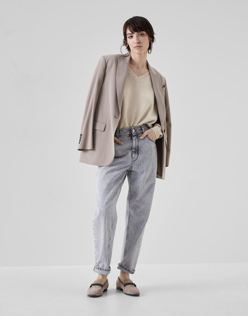 BRUNELLO CUCINELLI WOMEN'S LIGHT BROWN WOOL SILK V NECK SWEATER