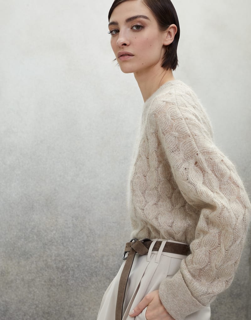 BRUNELLO CUCINELLI WOMEN'S LIGHT BEIGE CABLE KNIT WOOL SWEATER