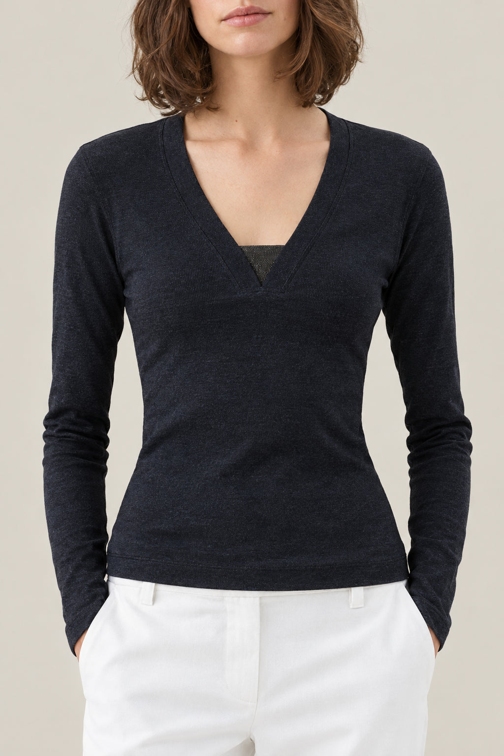 BRUNELLO CUCINELLI WOMEN'S ANTHRACITE COTTON STRETCH V NECK SHIRT
