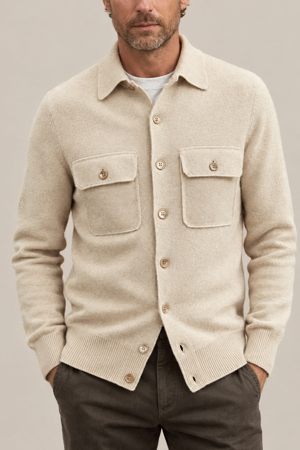 BRUNELLO CUCINELLI MEN'S SAND WOOL KNIT SHIRT JACKET