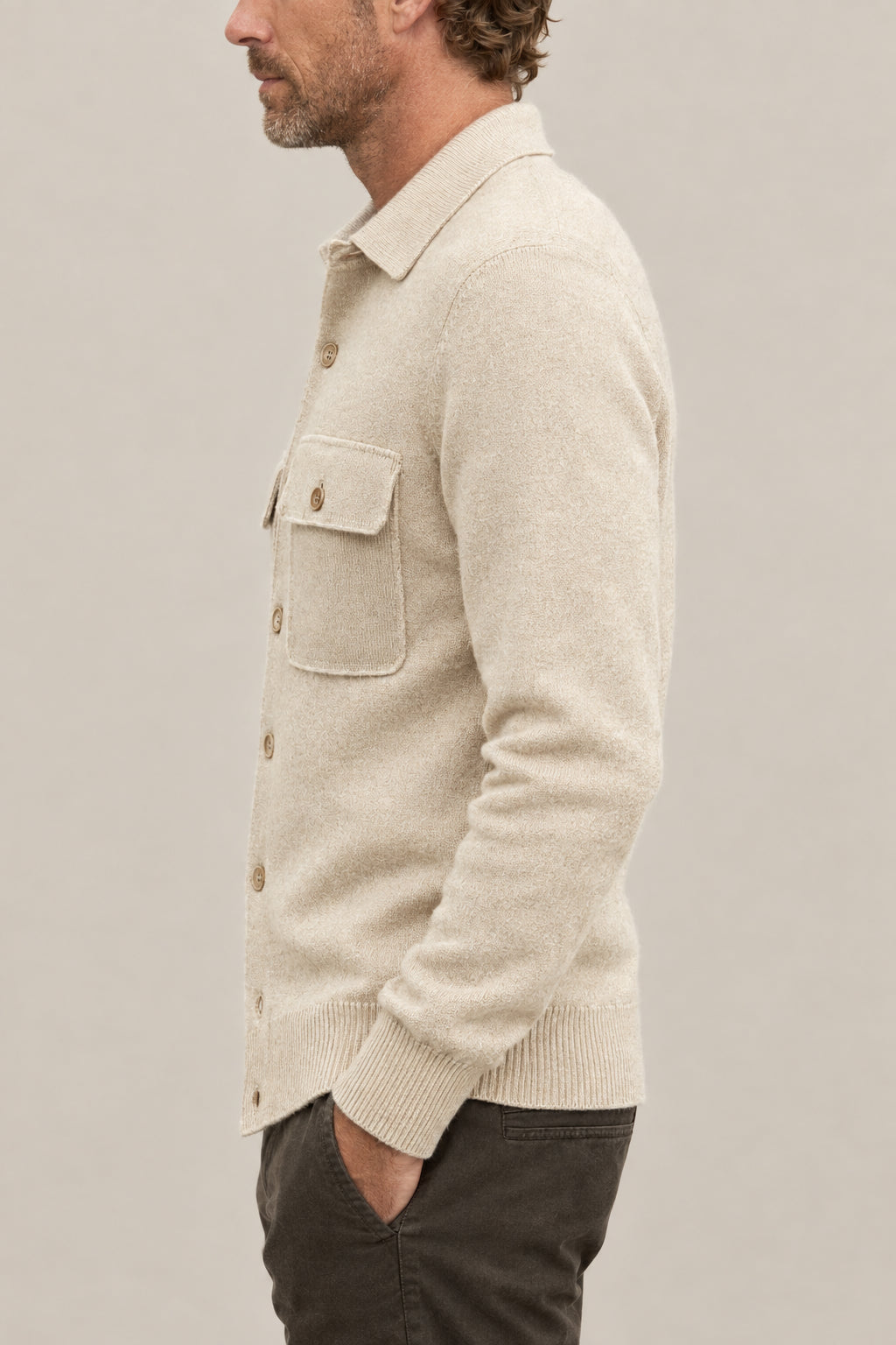 BRUNELLO CUCINELLI MEN'S SAND WOOL KNIT SHIRT JACKET