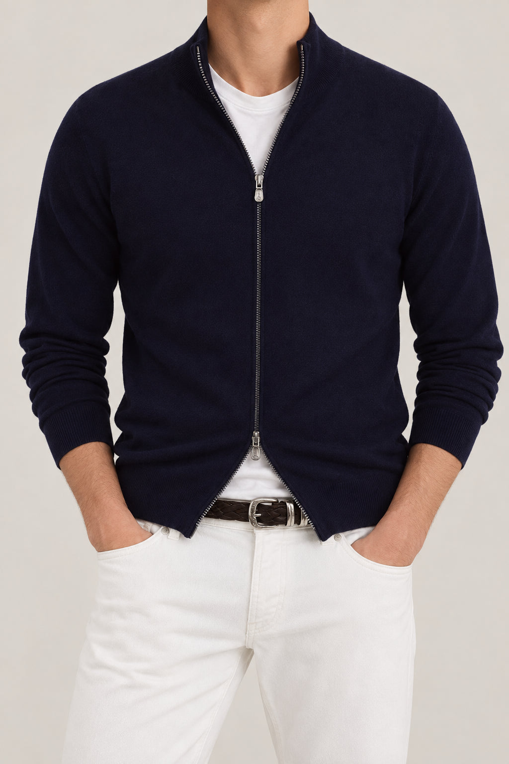BRUNELLO CUCINELLI MEN'S NAVY WOOL ZIP FRONT SWEATER