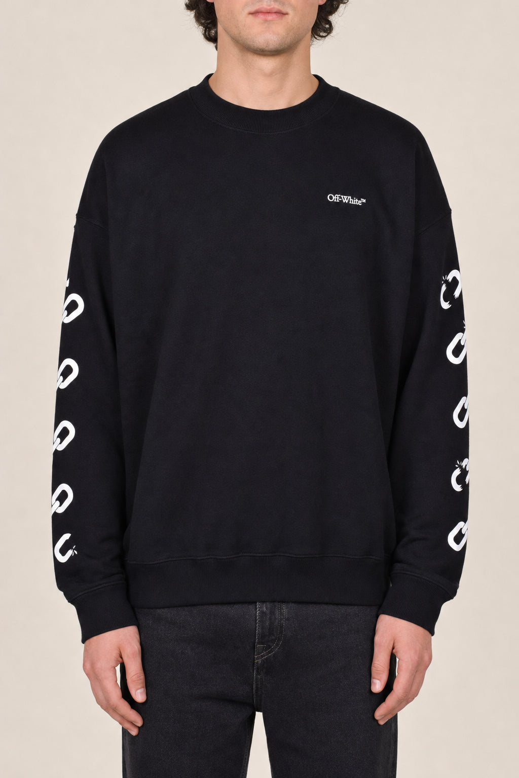 OFF-WHITE MEN'S BLACK COTTON CREWNECK SWEATER