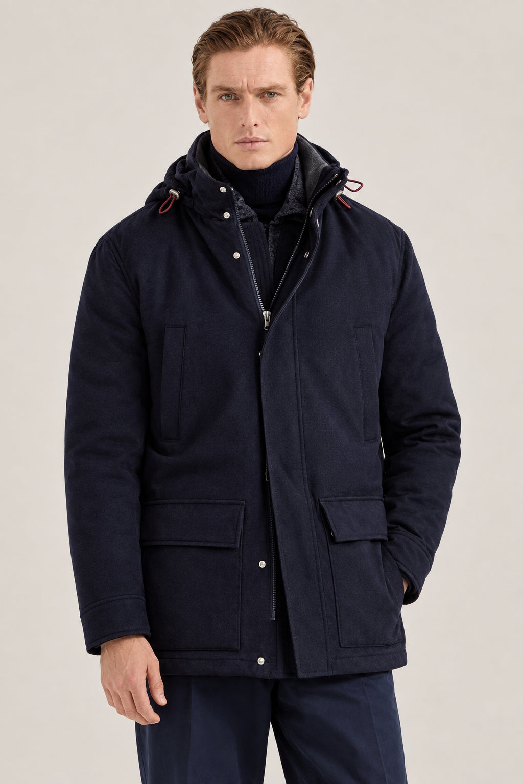 BRUNELLO CUCINELLI MEN'S NAVY WOOL HOODED JACKET