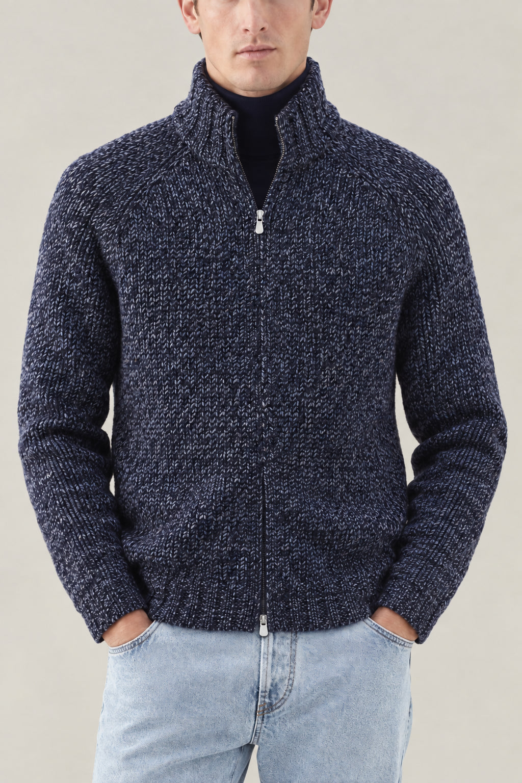 BRUNELLO CUCINELLI MEN'S BLUE WOOL SILK SWEATER