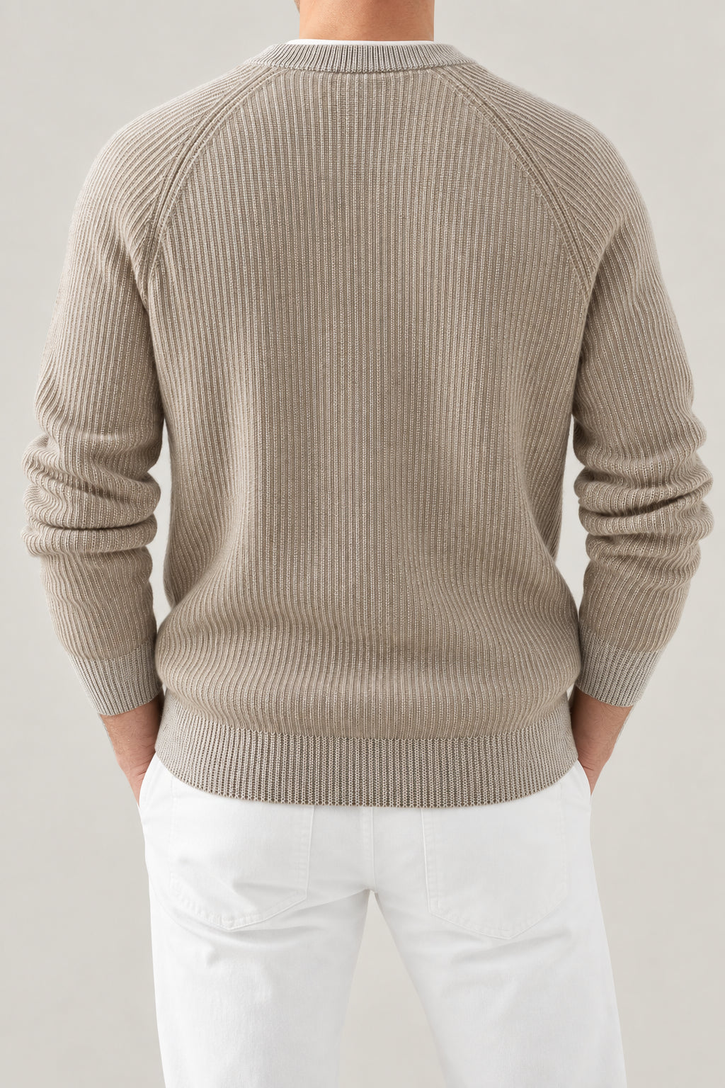 BRUNELLO CUCINELLI MEN'S BEIGE RIBBED KNIT SWEATER