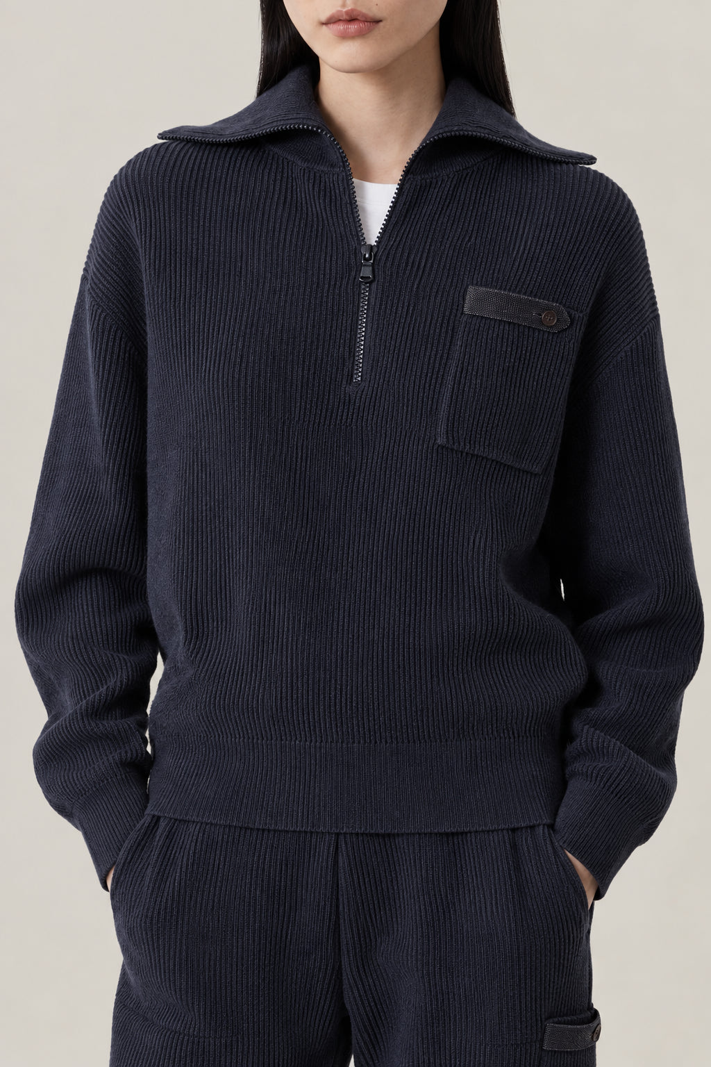 BRUNELLO CUCINELLI WOMEN'S NIGHT SKY HALF ZIP RIBBED COTTON SWEATER