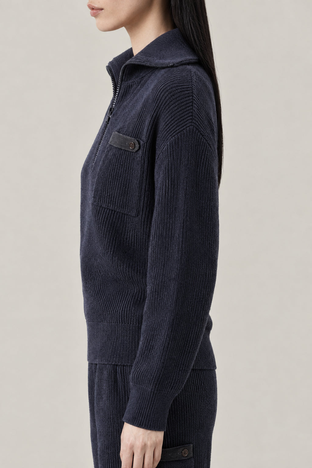 BRUNELLO CUCINELLI WOMEN'S NIGHT SKY HALF ZIP RIBBED COTTON SWEATER