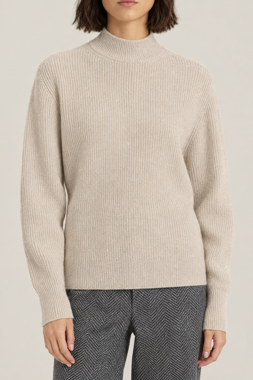 BRUNELLO CUCINELLI WOMEN'S LIGHT BROWN WOOL RIBBED MOCK NECK SWEATER
