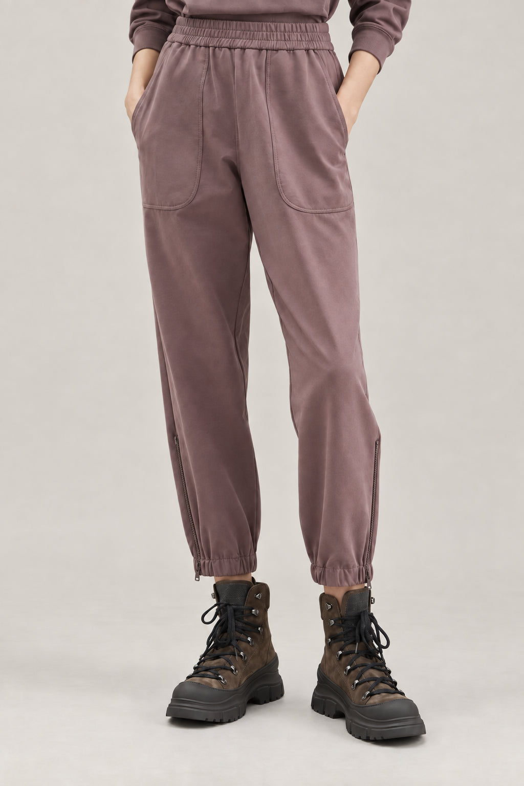 BRUNELLO CUCINELLI WOMEN'S PURPLE ASH COTTON ELASTIC WAIST TROUSERS
