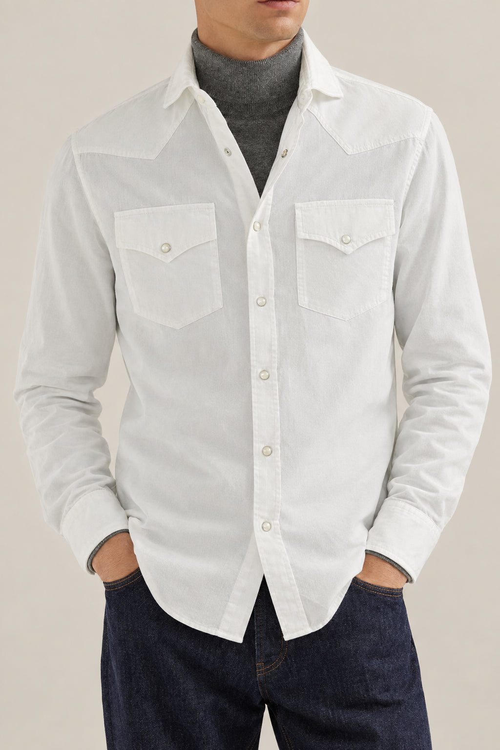 BRUNELLO CUCINELLI MEN'S WHITE COTTON WESTERN SHIRT