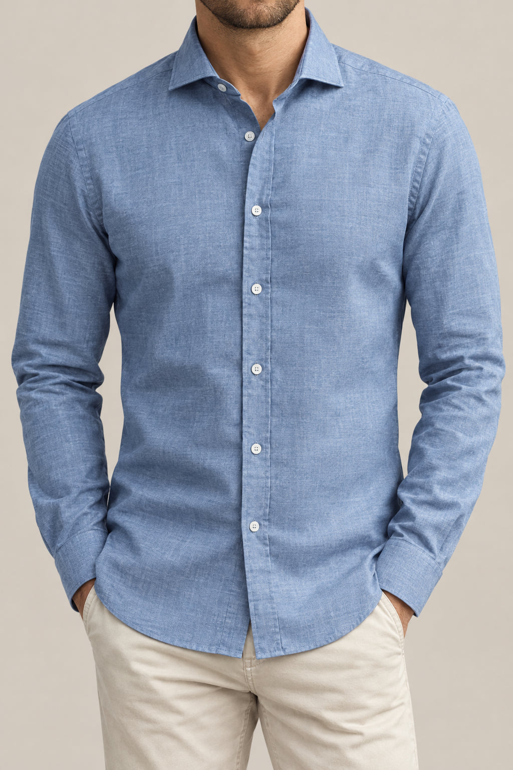 BRUNELLO CUCINELLI MEN'S LIGHT BLUE COTTON SHIRT